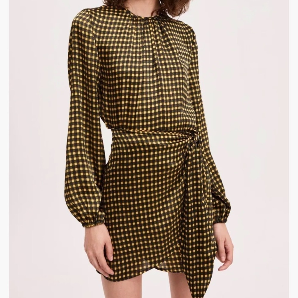 The Fifth Label GOLDIE CHECK Long Sleeve Mini DRESS Sz S yellow black tie NWT